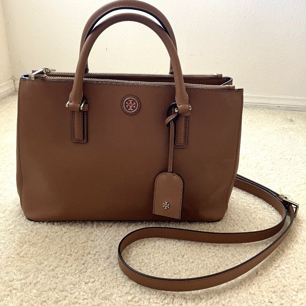Tory Burch Double Zipper Beige/Tan Leather Tote Bag Top Handle & Strap - Picture 4 of 15